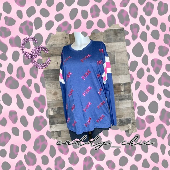 EUC VS PINK Sequin Logo Long Sleeve Tee - Size Medium - Picture 1 of 7